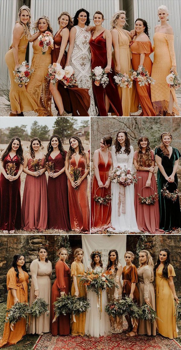 Chiffon and Velvet Mismatched Bridesmaid Dresses