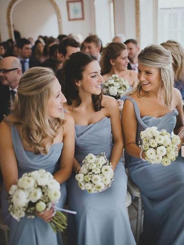 Dusty Blue Sleeveless Floor Length Sweetheart Chiffon Bridesmaid Dresses