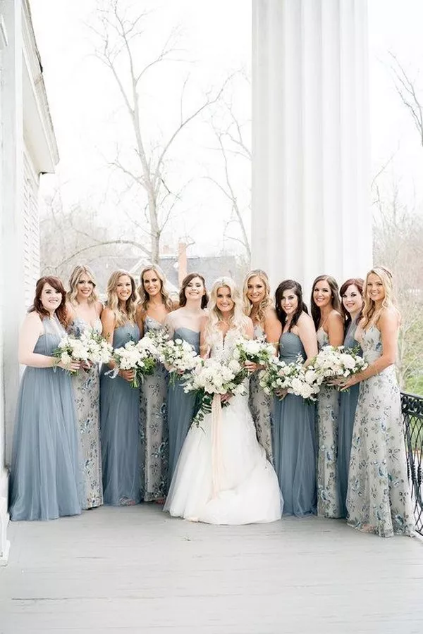 Dusty blue and floral mix and match jenny yoo bridesmaid dresses Show