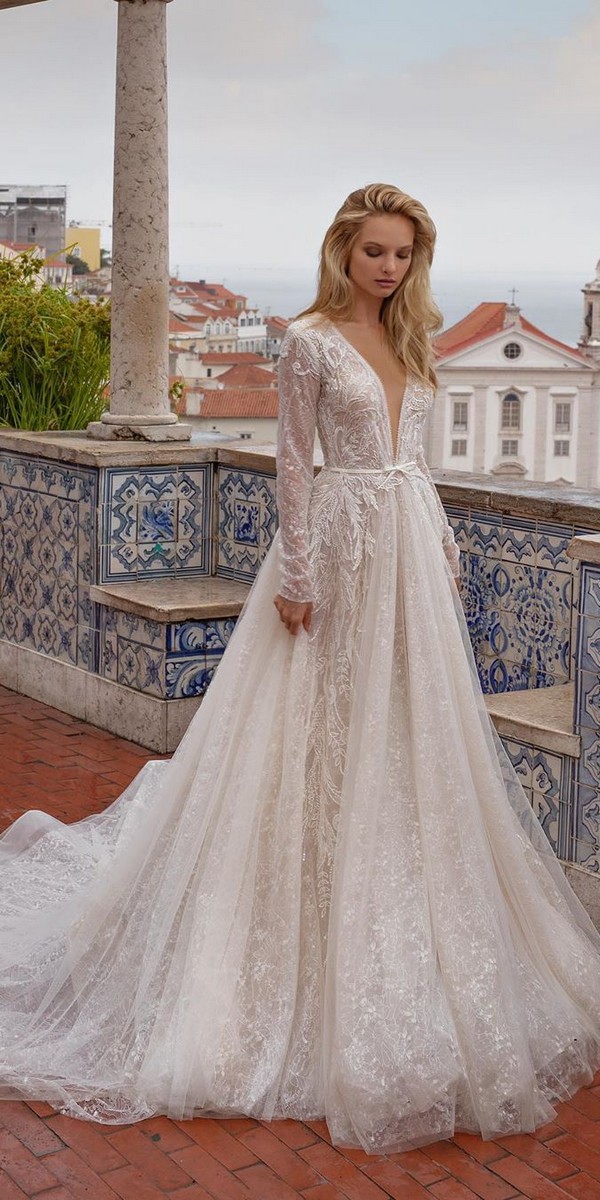 Long Sleeves Deep V neck Wedding Dresses - EvaLendel