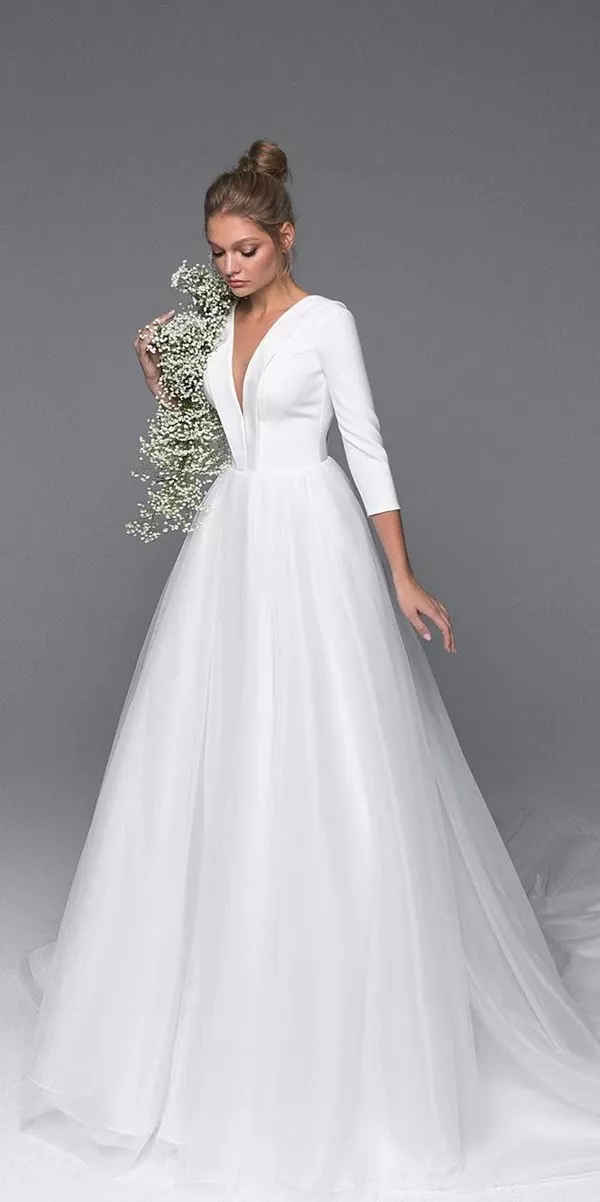 Long Sleeves V neck Wedding Dresses - EvaLendel