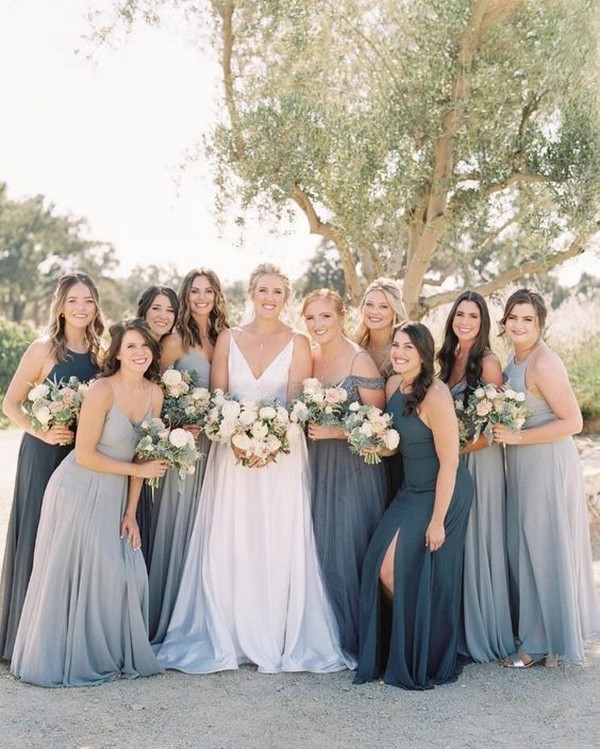 Mismatched bridesmaid dresses in blue