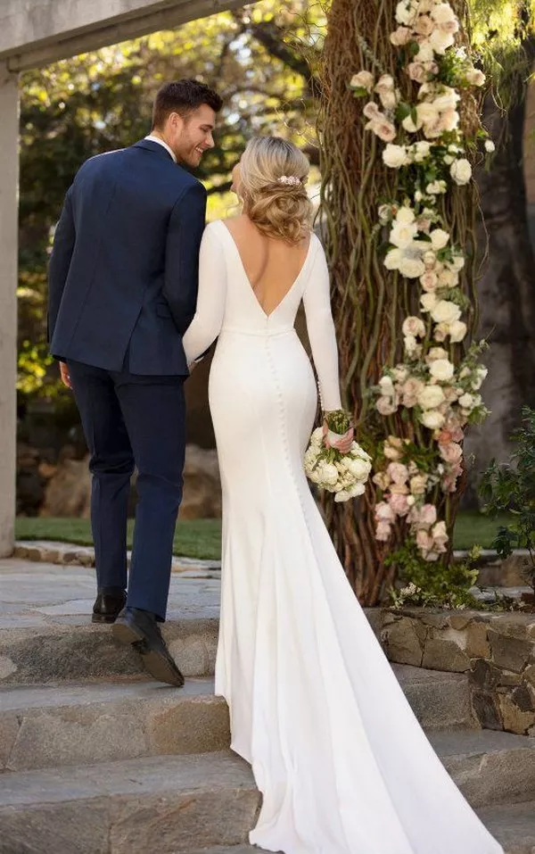 Simple and Sleek Long-Sleeved Sheath Wedding Dress by Essense of Australia