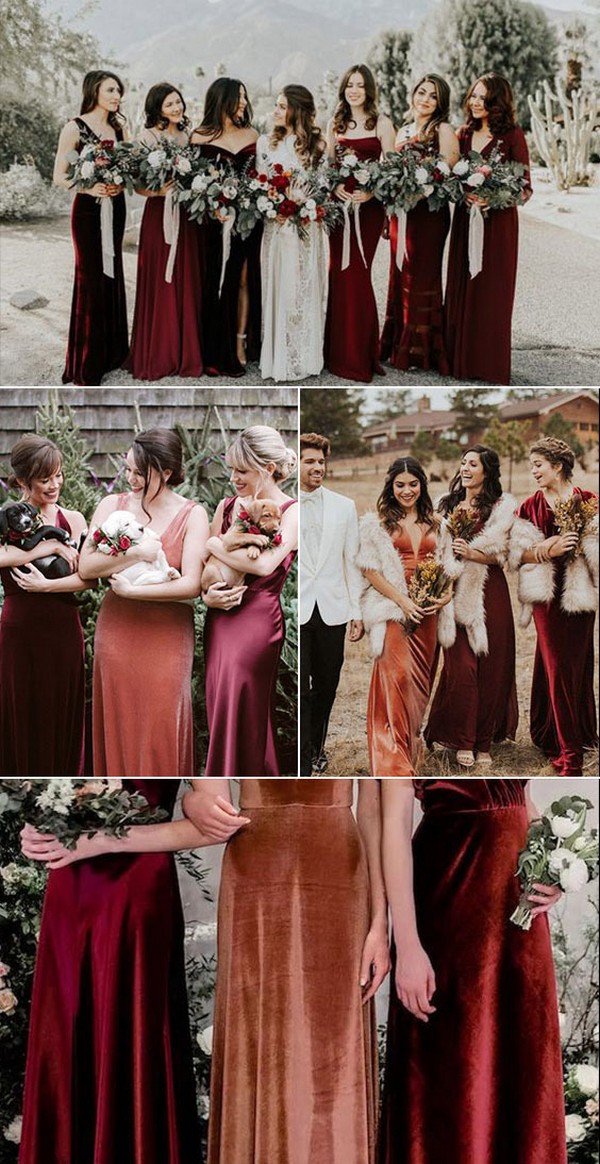 Velvet and Satin Mismatched Bridesmaid Dresses