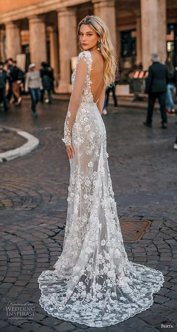 berta 2020 privee bridal long sleeves deep v neck full embellishment elegant fit and flare wedding dress backless low v back sweep train