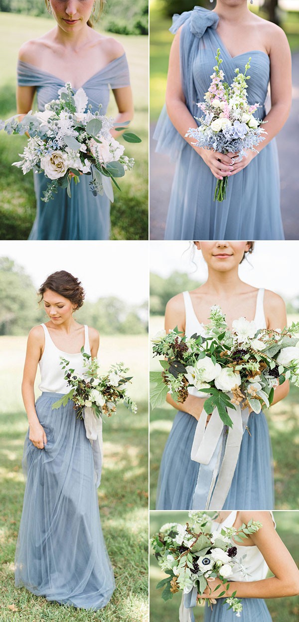 bouquets and the dusty blue bridesmaid dresses