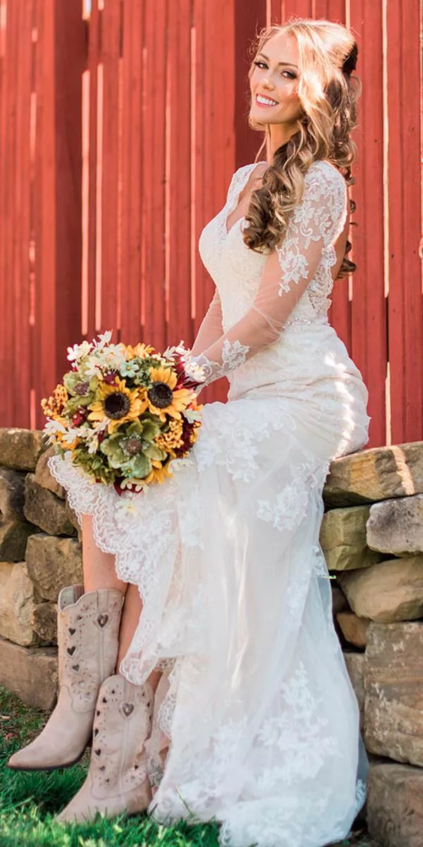 country wedding dresses with boots lace illusion long sleeves v neckline mattdayphoto