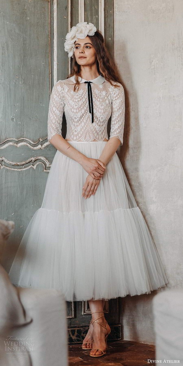 divine atelier 2020 bridal 3 quarter sleeves collar neckline sheer lace bodice a line tea length wedding dress 14 mv