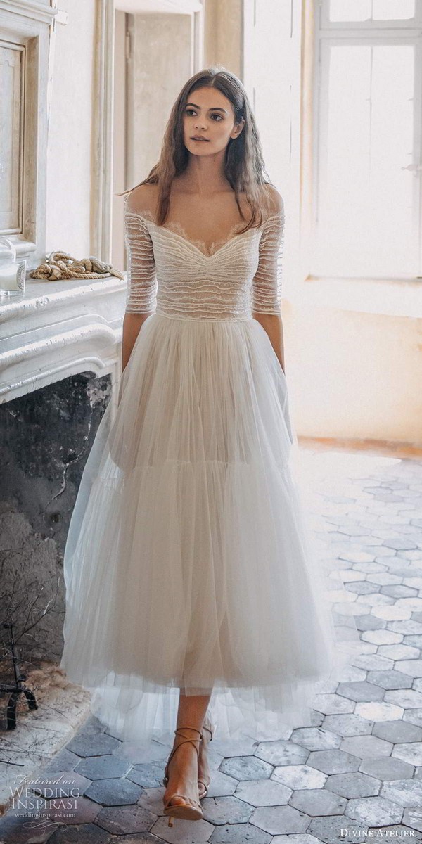 divine atelier 2020 bridal sheer half sleeves off shoulder sweetheart neckline ruched bodice a line tea length high low wedding dress 15 mv