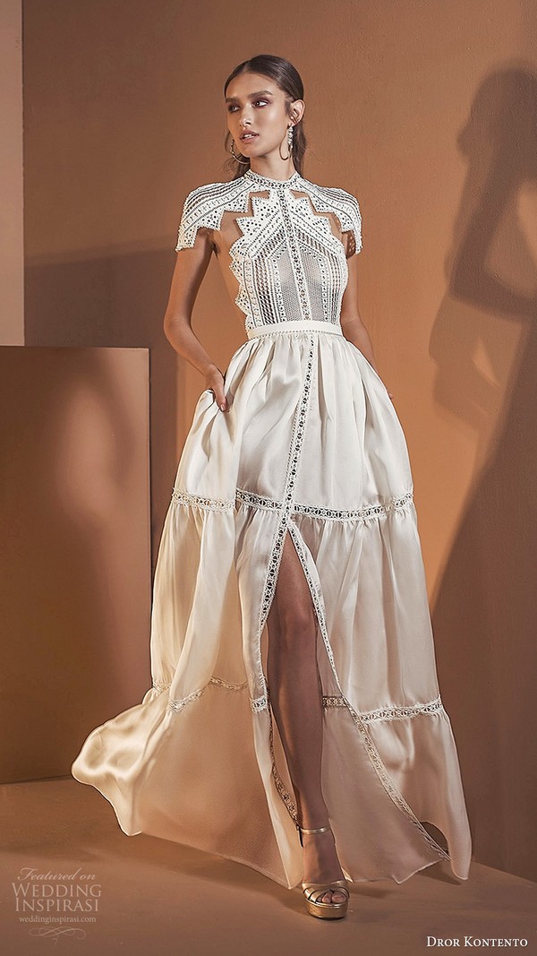 dror kontento 2020 bridal short sleeves high neckline embellish lace cutout bodice slit skirt modern a line ball gown wedding dress pockets sheer back 11 mv