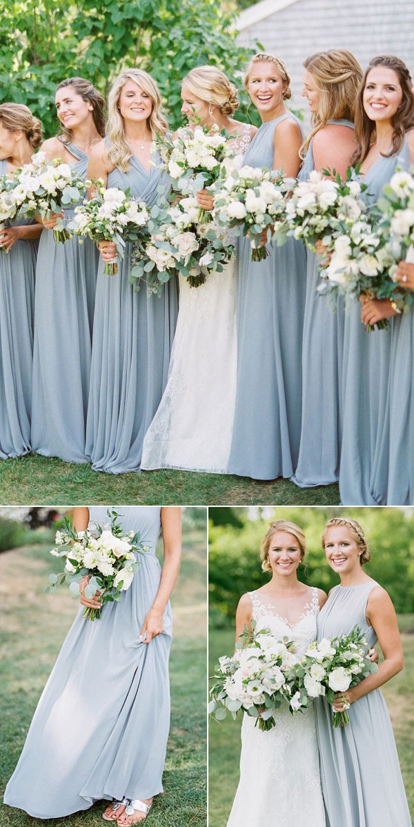 dusty blue bridesmaid dress with different neckline design