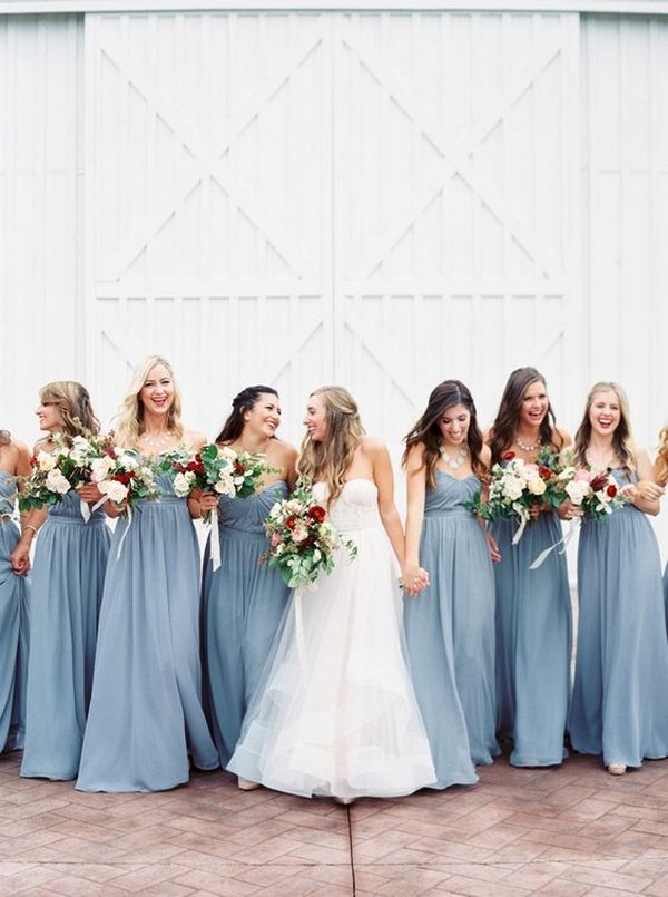 dusty blue bridesmaid dresses and burgundy bouquets