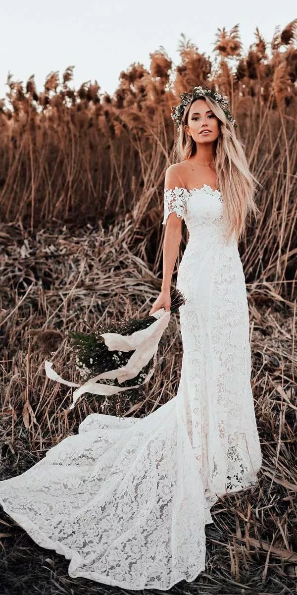 lace sheath off the shoulder sweetheart neck with train bohemian wedding dress lover sx society