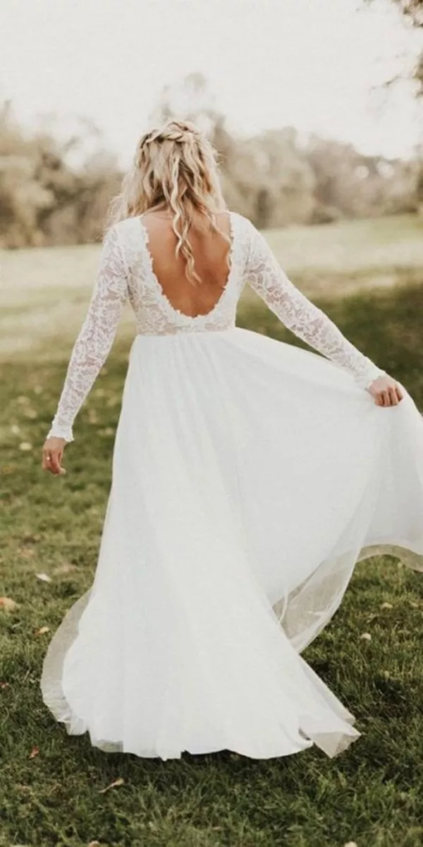 long lace sleeves wedding dress with open back