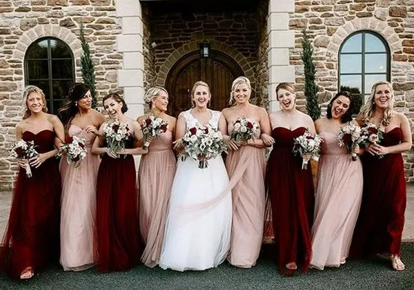 blush and burgundy bridesmaid dresses