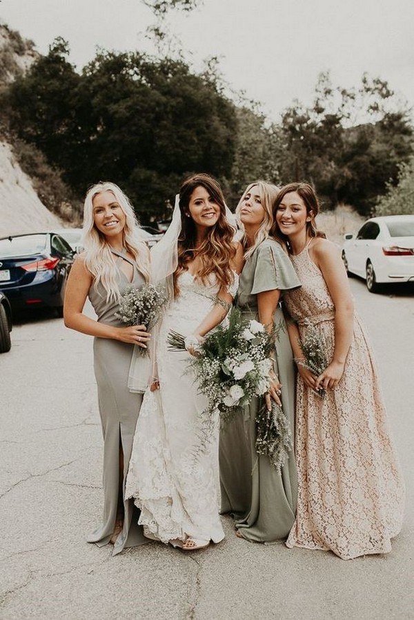 mismatched bridesmaid dresses in gray sage green and ivory