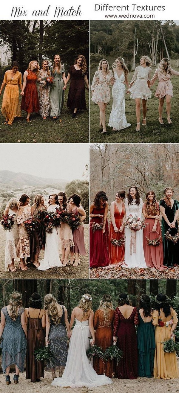 mix & match bridesmaid dresses different testures jewel tone