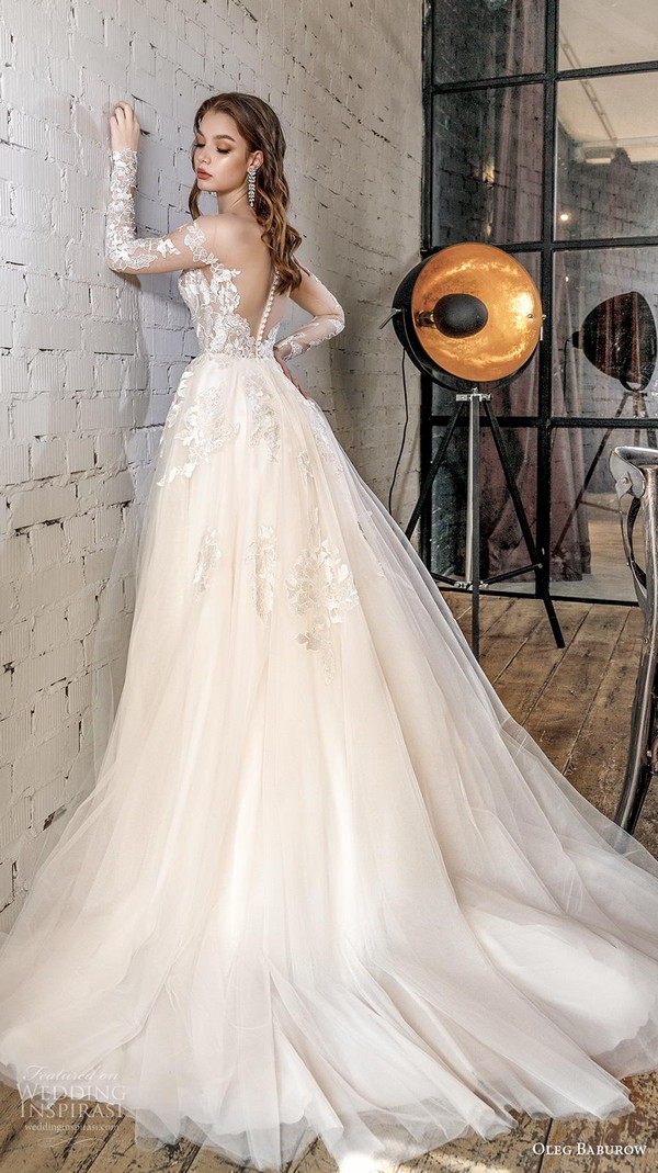 oleg baburow 2020 star girl bridal long sleeves sweetheart neckline heavily embellished bodice romantic a line wedding dress sheer button back chapel train 16 bv