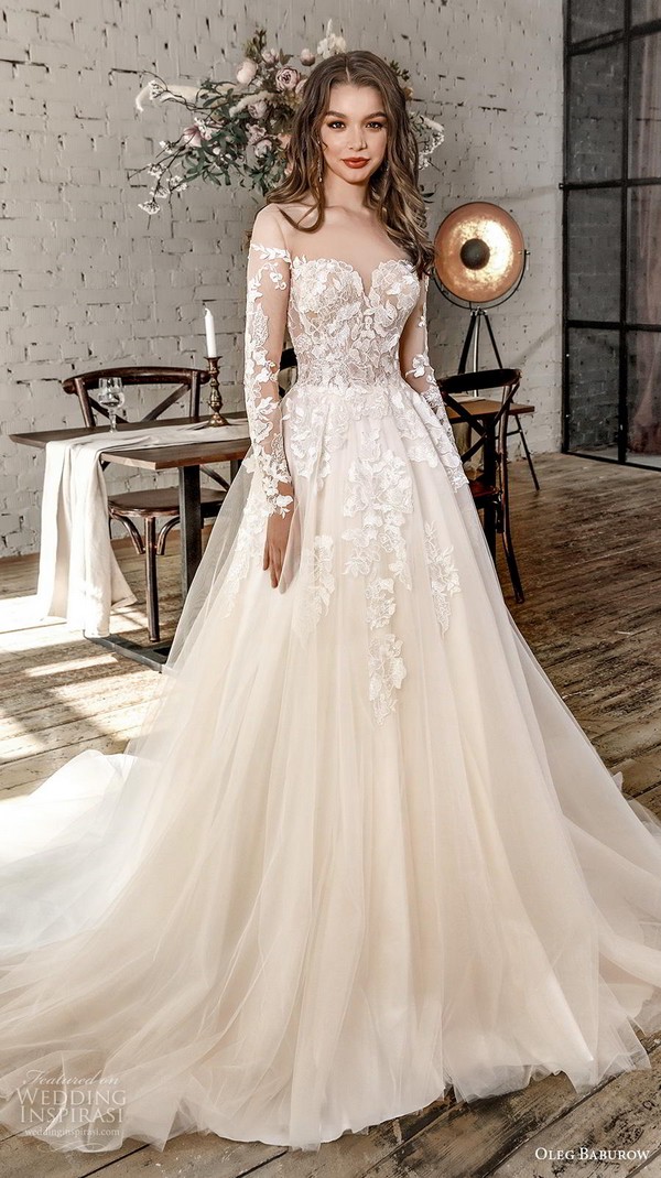 oleg baburow 2020 star girl bridal long sleeves sweetheart neckline heavily embellished bodice romantic a line wedding dress sheer button back chapel train 16 mv