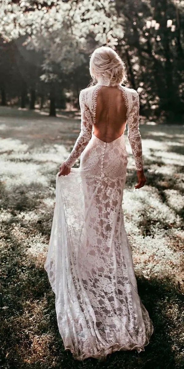 open back long sleeves lace wedding dress