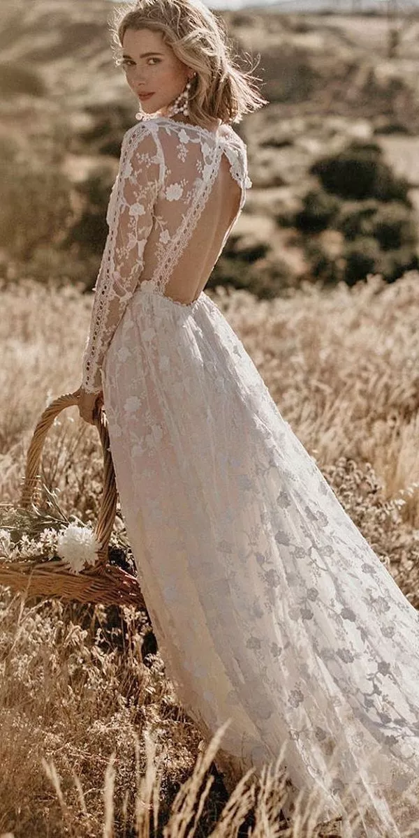 rustic wedding dresses a line open back with long sleeves lace dreamers and lovers