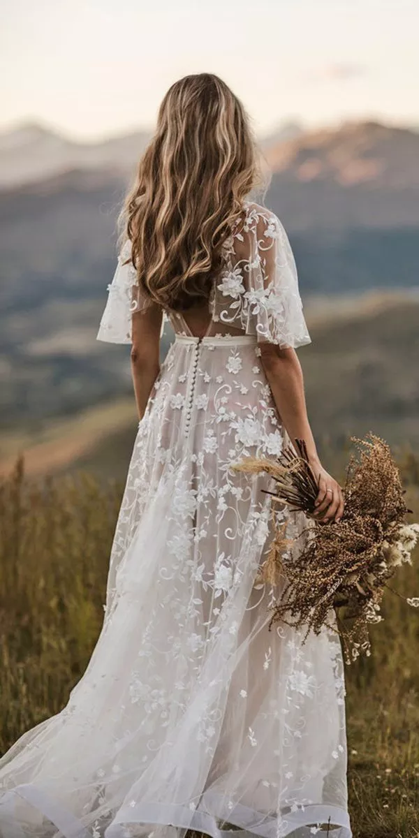 rustic wedding dress a-line with cap sleeves and floral lace