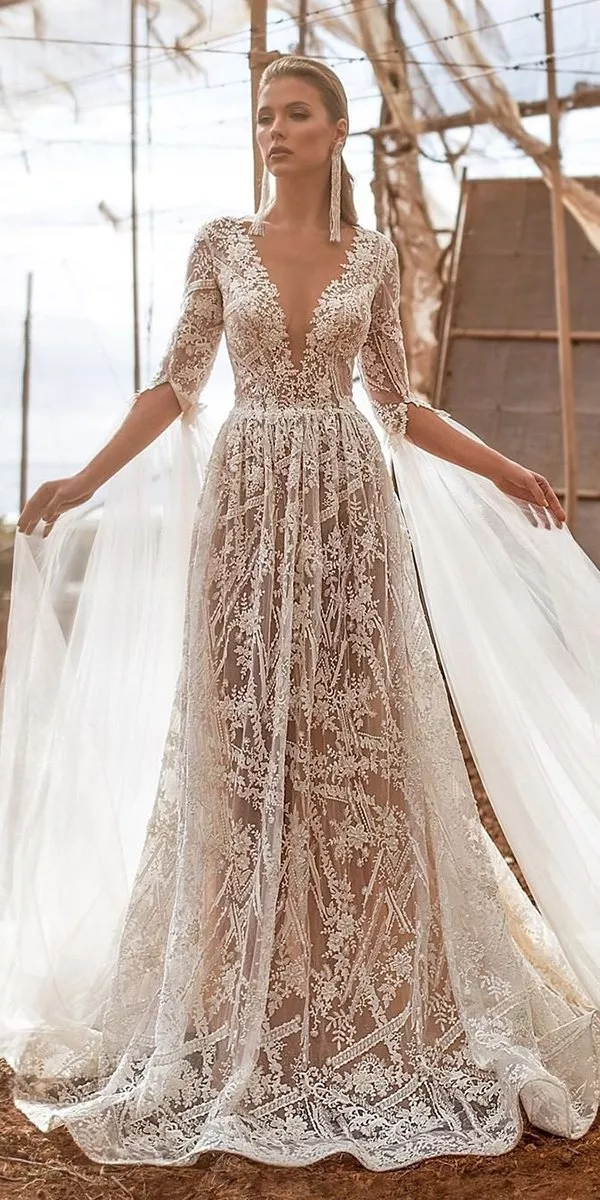 rustic wedding dresses a line with sleeves lace plunging neckline arivilloso