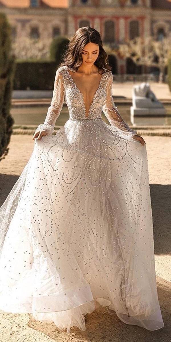 a line wedding dresses sexy deep v neckline with illusion long sleeves sequins julie vino