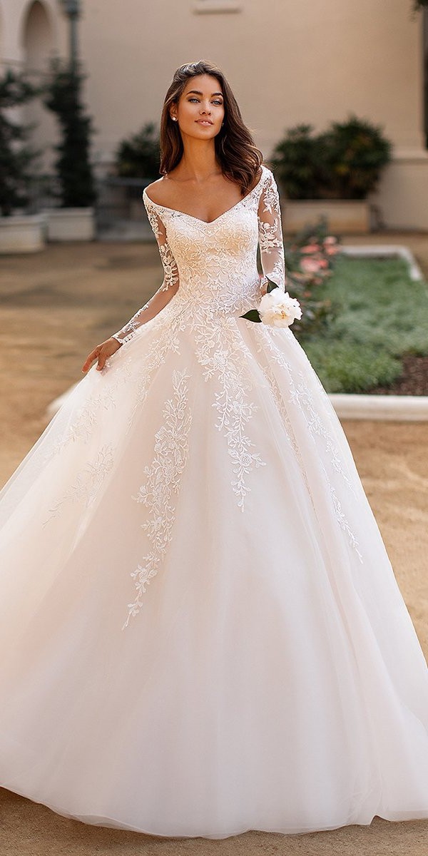 Illusion lace sleeves A-line wedding dress