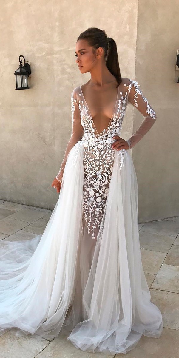 beautiful wedding dresses straight deep plunging v neckline long sleeves berta