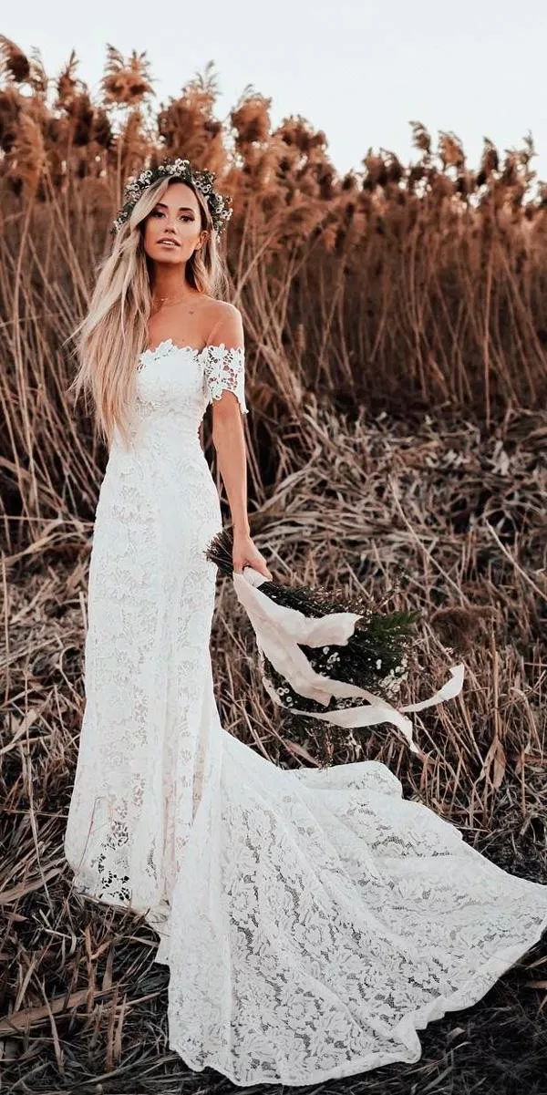 lace sheath off the shoulder sweetheart neck with train bohemian wedding dress lover sx society