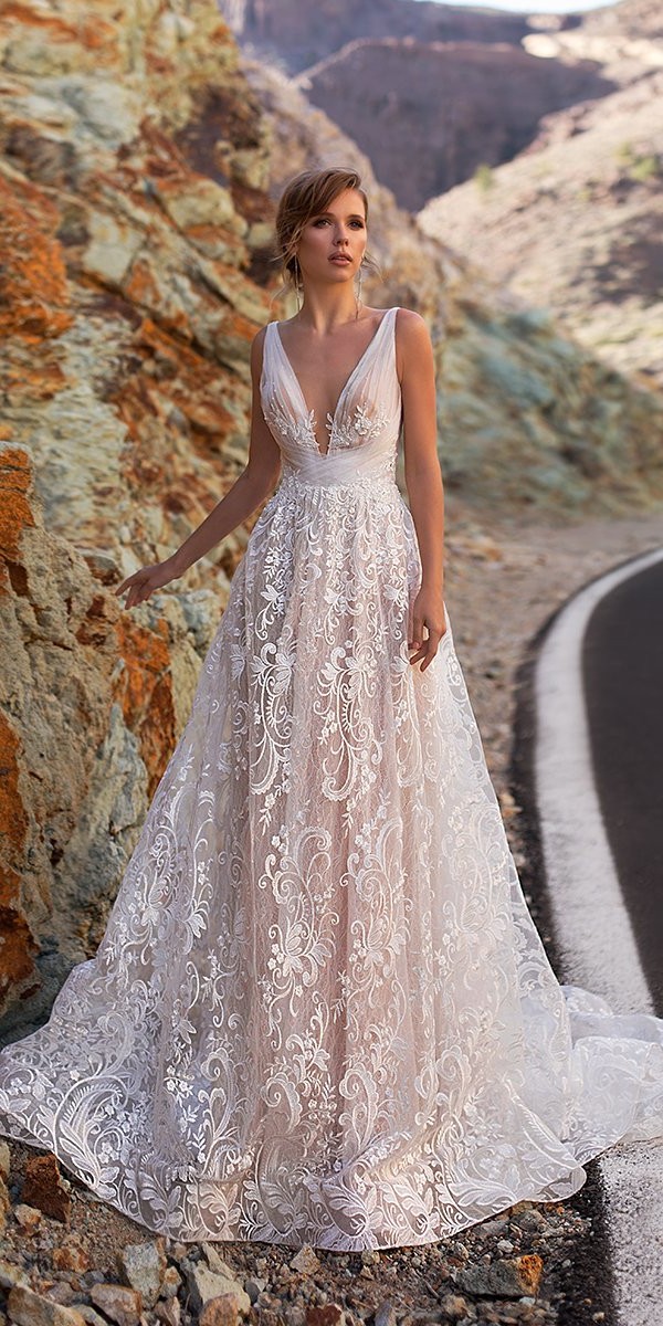 lace wedding dresses a line deep v neckline sleveless ari villoso