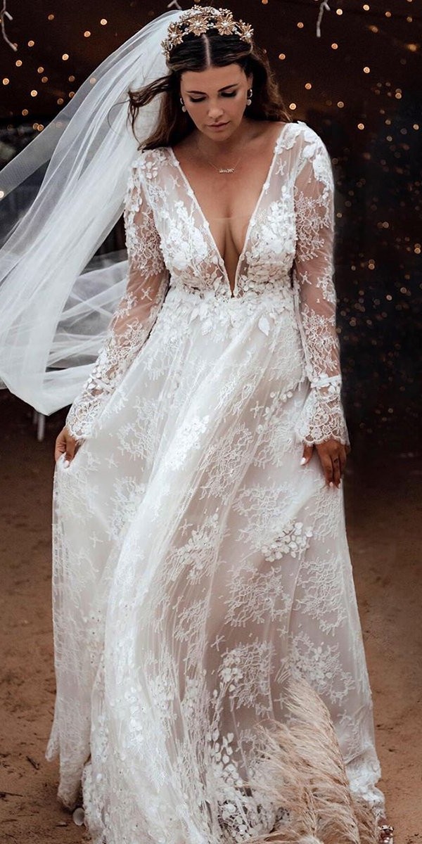 lace wedding dresses a line with illusion long sleeves plunging neckline tali photography