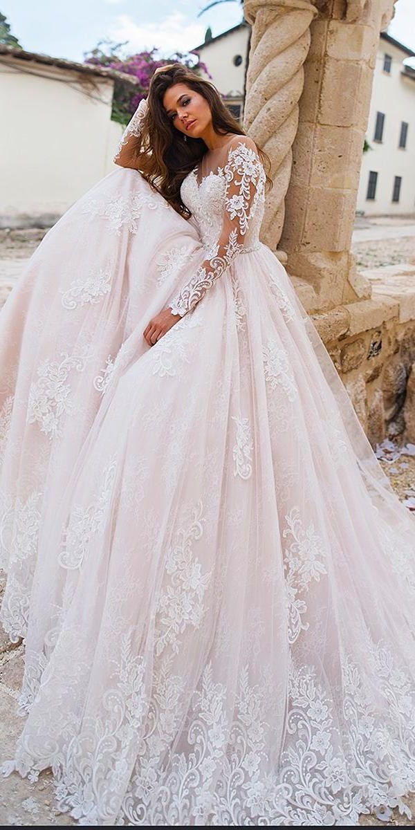 lace wedding dresses ball gown with illusion long sleeves blush lussanobridal