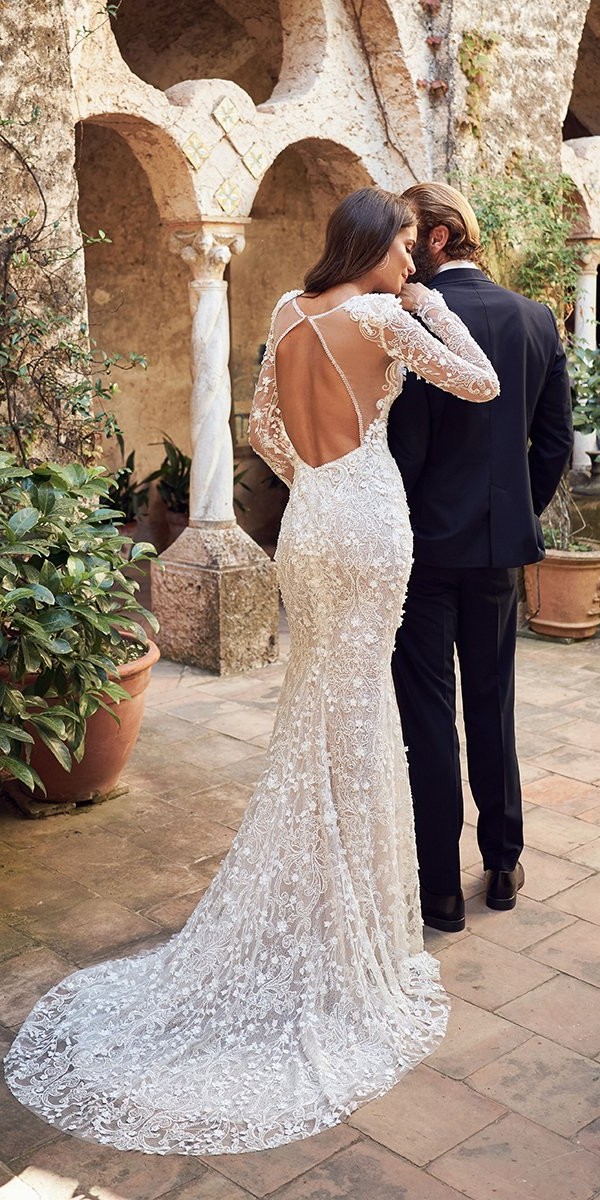 lace wedding dresses fit and flare open back with sleeves train wona