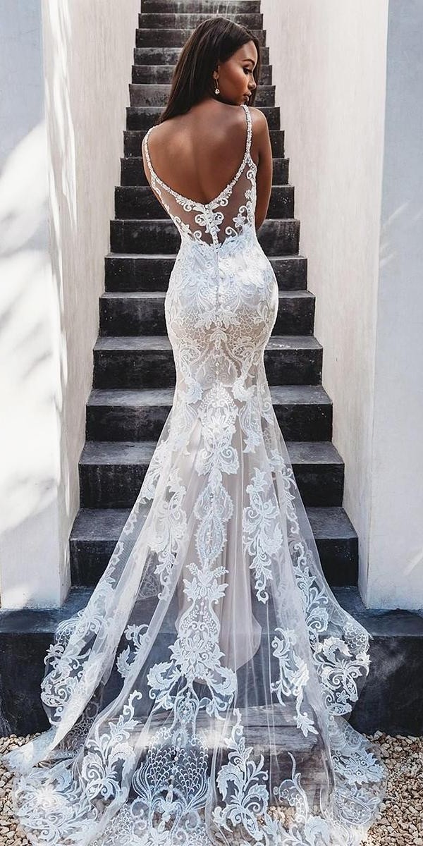 lace wedding dresses trumpet with spaghetti straps low back with train allurebridals