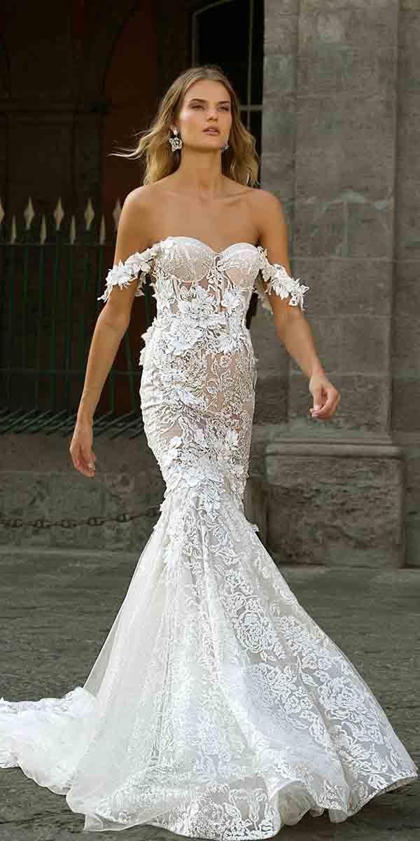 mermaid wedding dresses off the shoulder sweetheart strapless neckline floral appliques berta