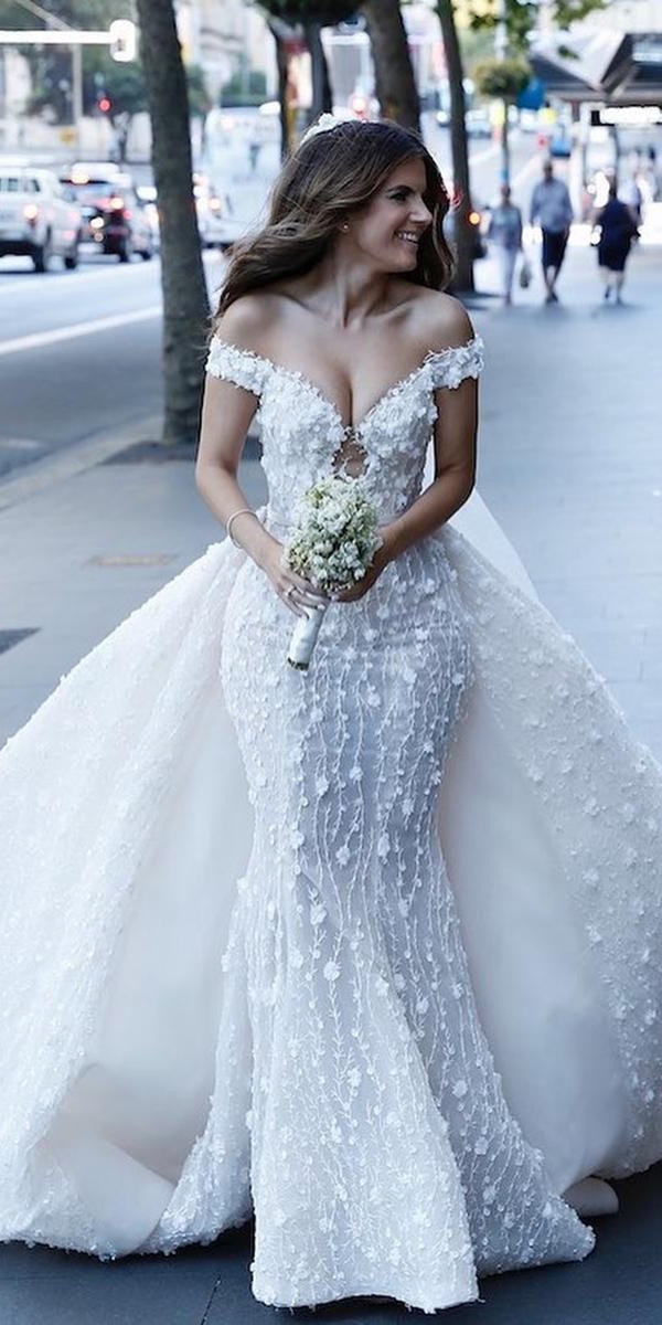 mermaid wedding dresses off the shoulder with overskirt floral appliques steven khalil