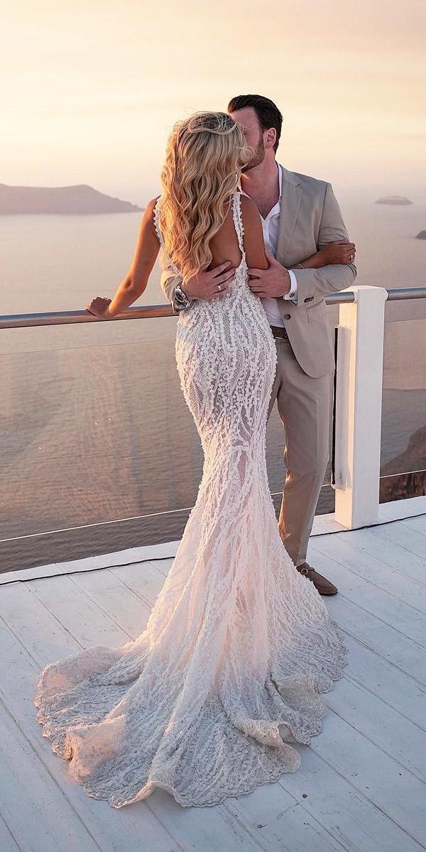 mermaid wedding dresses sexy open back lace with train pallas couture