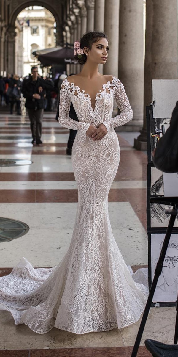 Mermaid Wedding Dresses With Long Sleeves Full Lace Deep V Neckline