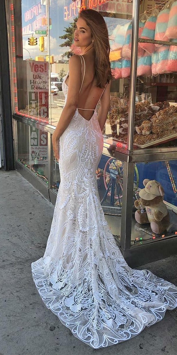 mermaid wedding dresses with spaghetti straps lace with train beach tara keely