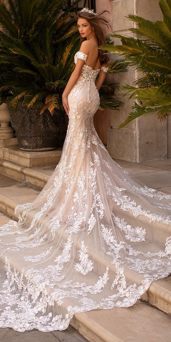 moonlight wedding dresses trumpet off the shoulder lace with long train sexy beach 2020