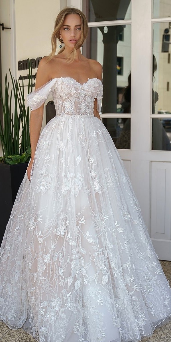 off the shoulder wedding dresses strapless neckline floral galitrobinik