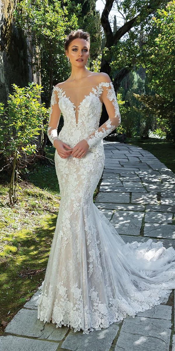 sweetheart mermaid wedding dresses with illusion sleeves with train justin alexander