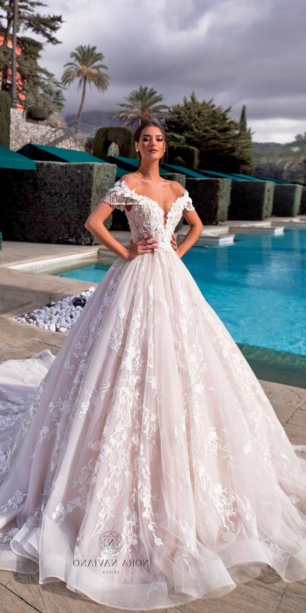 sweetheart wedding dresses ball gown blush lace off the shoulder noranaviano