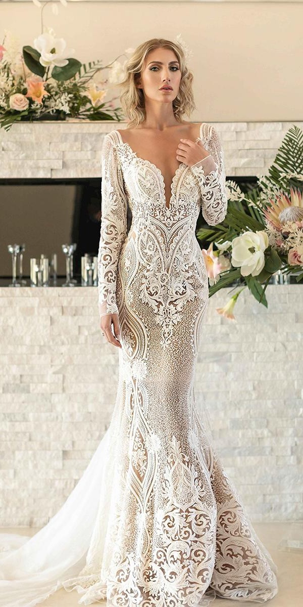 trumpet wedding dresses with long sleeves plunging neckline lace unique naama and anat