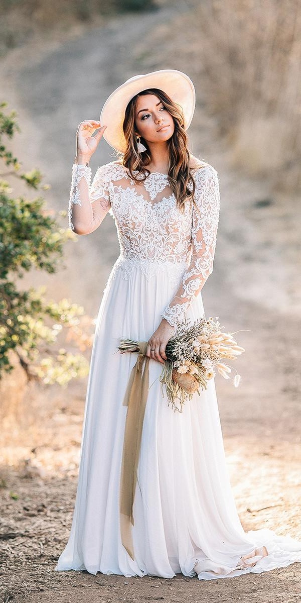 unique lace wedding dresses a line with long sleeves lace top country maggie sottero