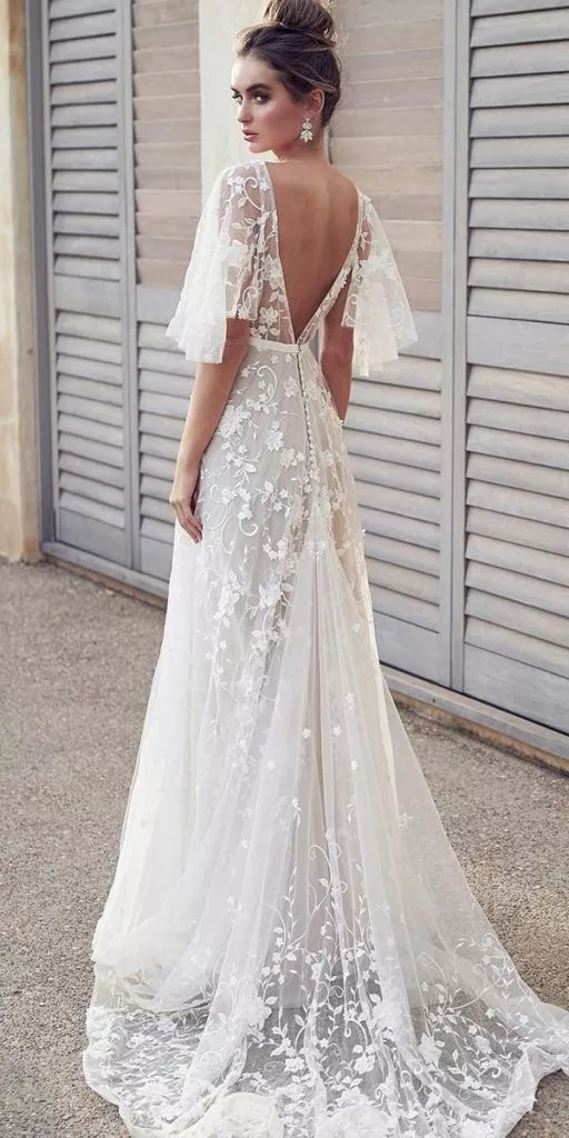 wedding dresses 2019 a line v back floral lace with flowy