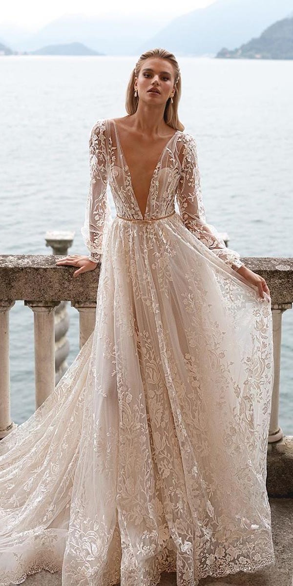 wedding dresses with lace sleeves a line sexy deep v neckline floral julie vino
