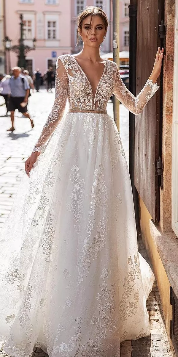 wedding dresses with lace sleeves illusion a line plunging neckline katycorso